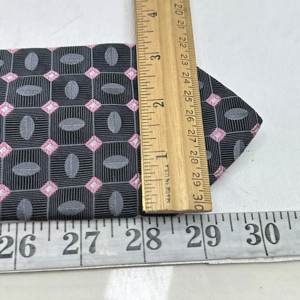 XMI Tie Mens 60 in Italian Silk Charcoal Pink Geometric Diamond Ellipsis Wide